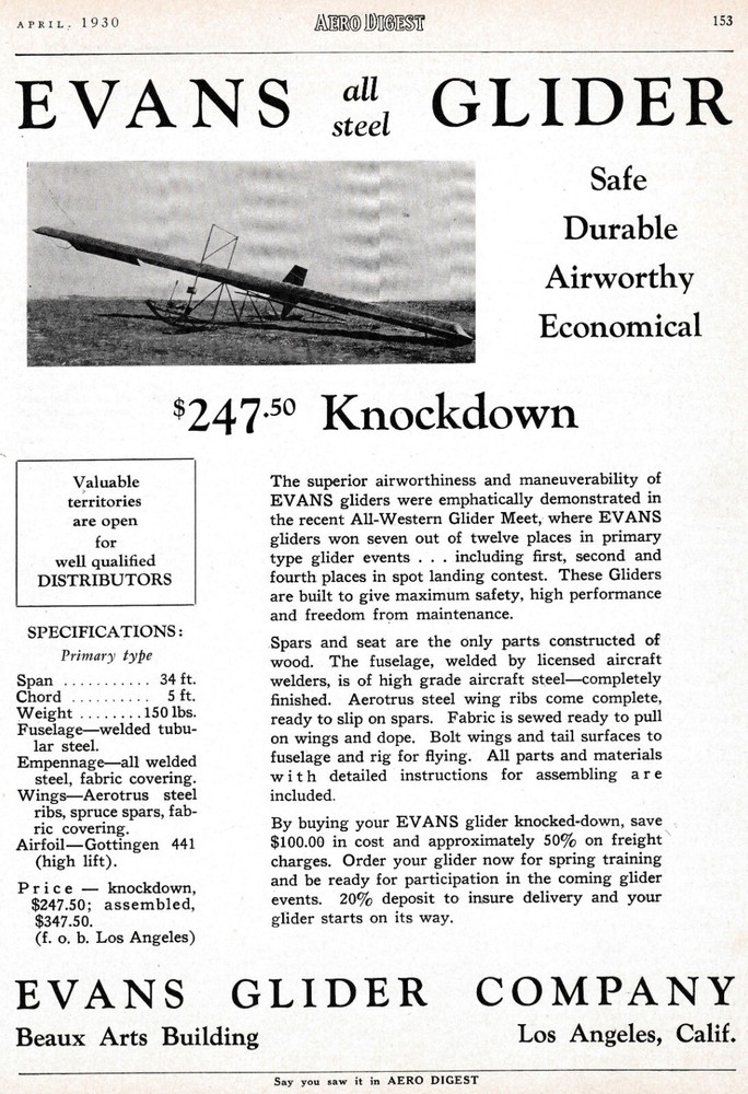 1930 Evans Glider Aircraft Ad 5/2/2025f