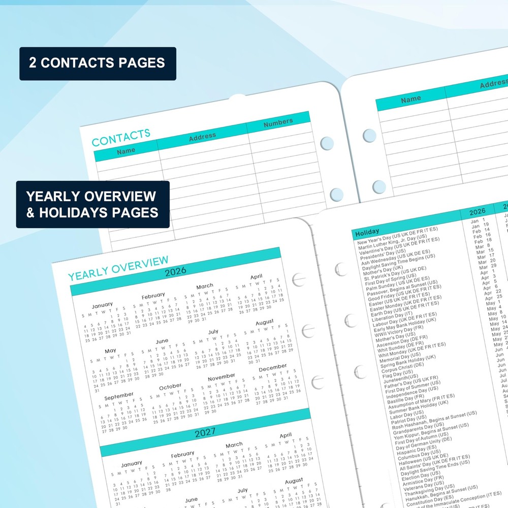 2026 Planner Refills - A5 Inserts with 7-Hole Punched, JAN A5, Blue