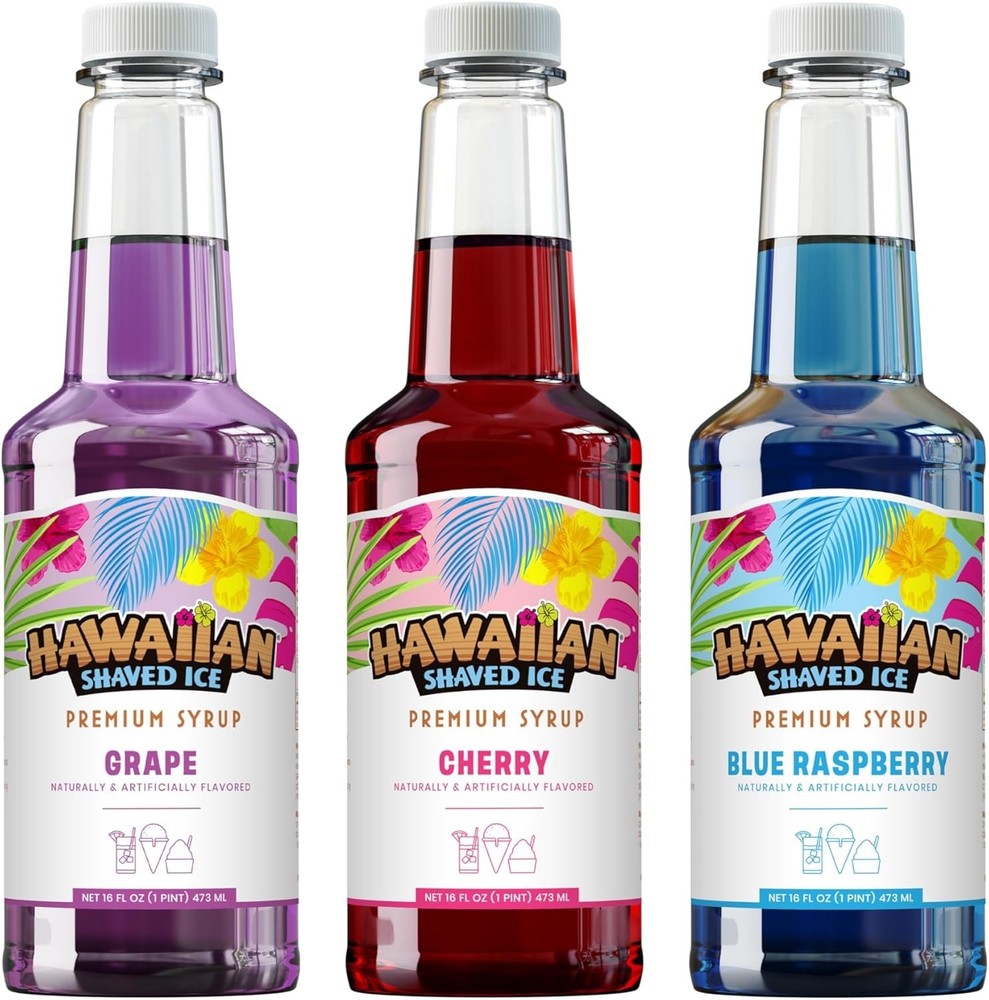 3-Pack Shaved Ice Syrup: Cherry, Grape & Blue Raspberry, No Refrigeration Needed