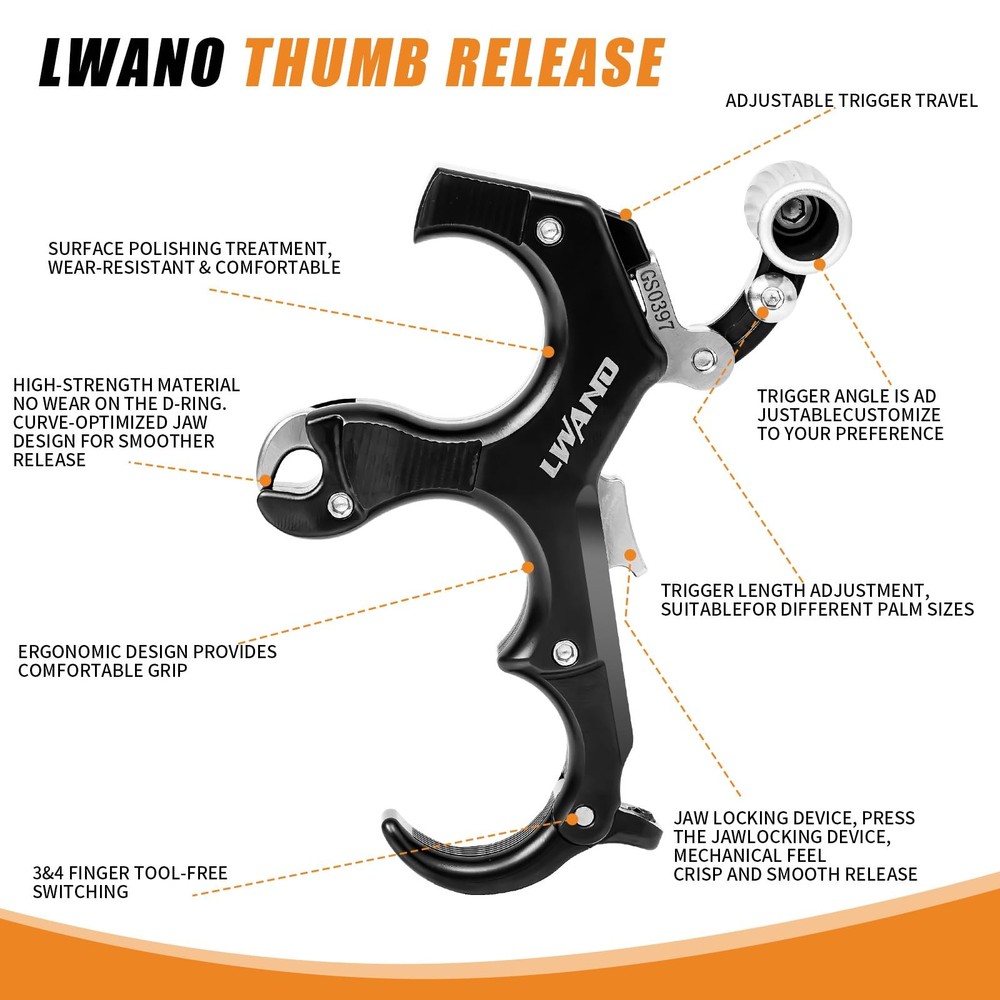 Archery Compound Bow Release Aids Trigger 3-4 Finger Adjustable Wristband Thu...