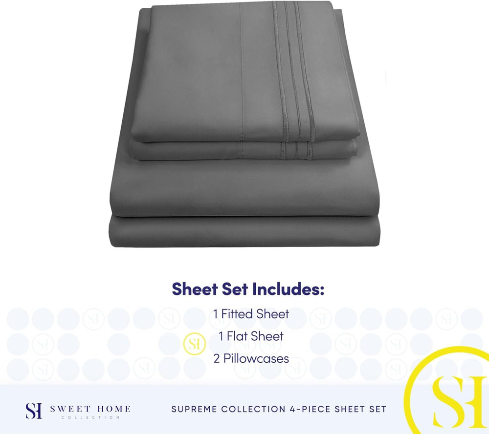 Queen Bed Sheets Set Gray Extra Soft Deep Pocket with Corner Straps