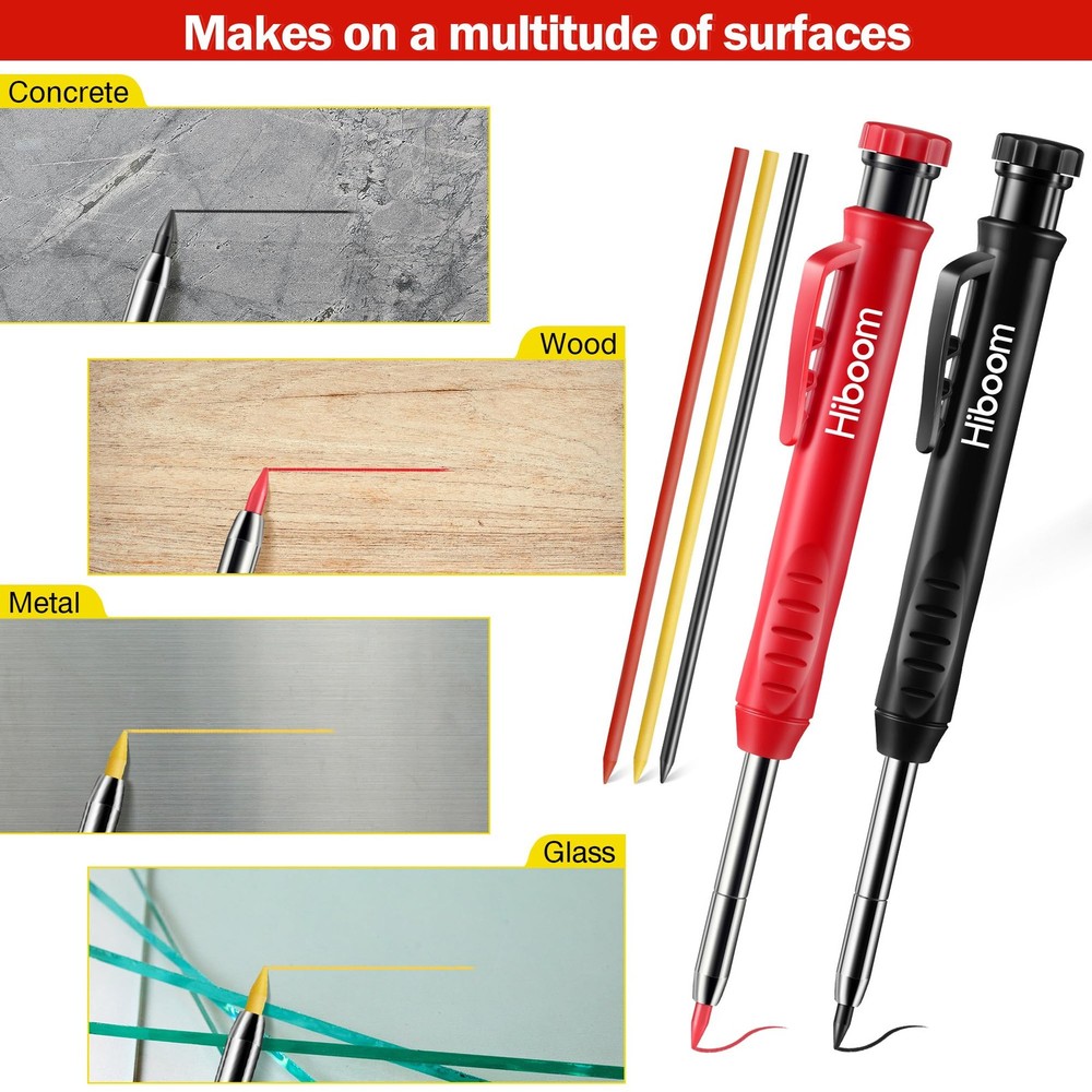 2 Pack Solid Carpenter Pencil with 14 Refill, Long Nosed Deep Hole Mechanical...