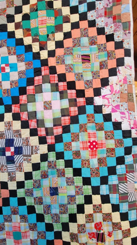 Vintage Handmade Scrap Quilt Large Diamond Patchwork Folk Art Bedspread