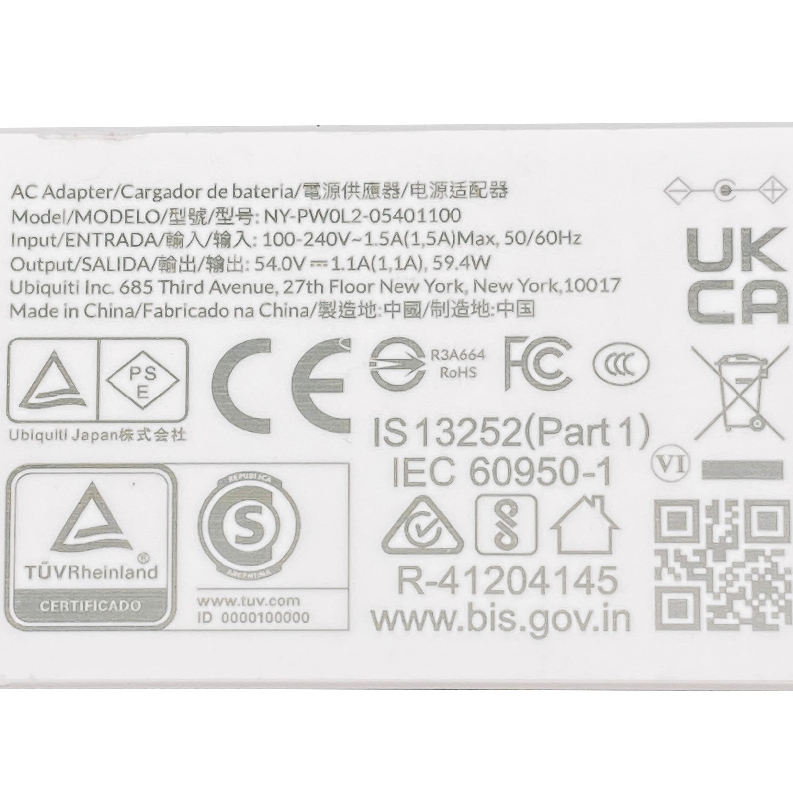 Genuine Ubiquiti NY-PW0L2-05401100 AC Adapter 54V 1.1A 59.4W Power Supply OEM