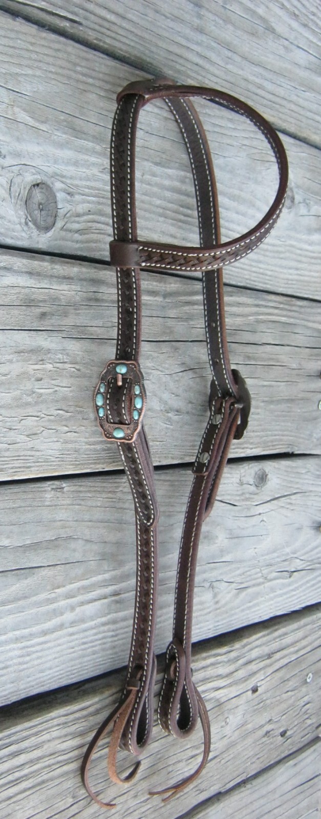 West 74 Dark Brown Leather 5/8" One Ear Copper Turquoise Cart Buckles Headstall