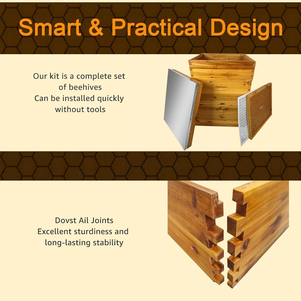 3 Layers Beehive Complete Box Kit Langstroth Beekeeping 2 Deep and 1 Medium