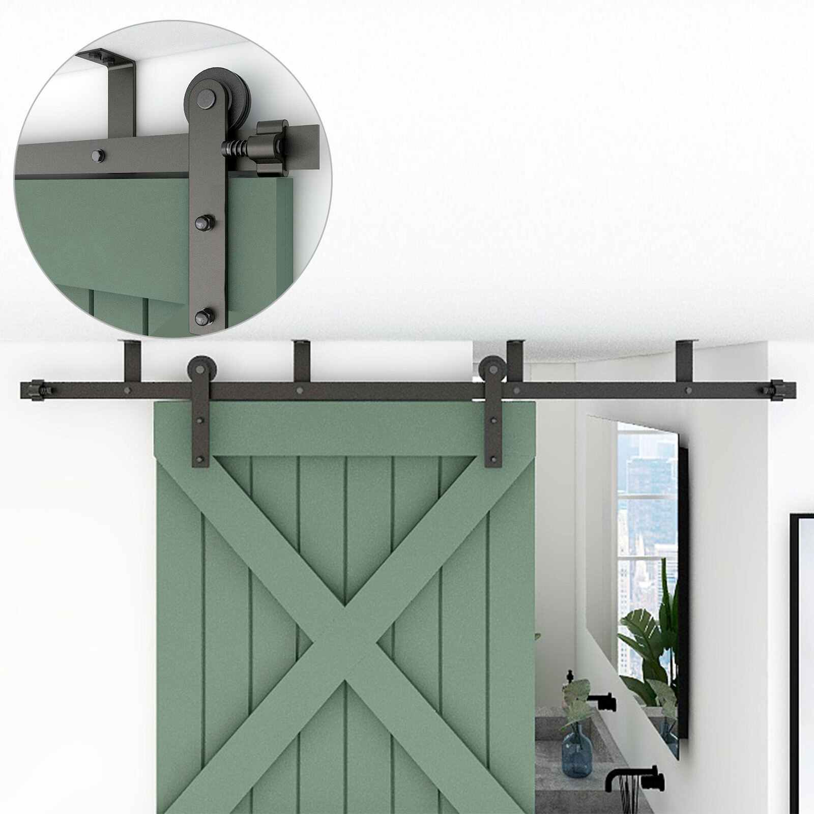 4FT-20FT Sliding Barn Door Hardware Kit Track Roller Closet Ceiling Mount Rail