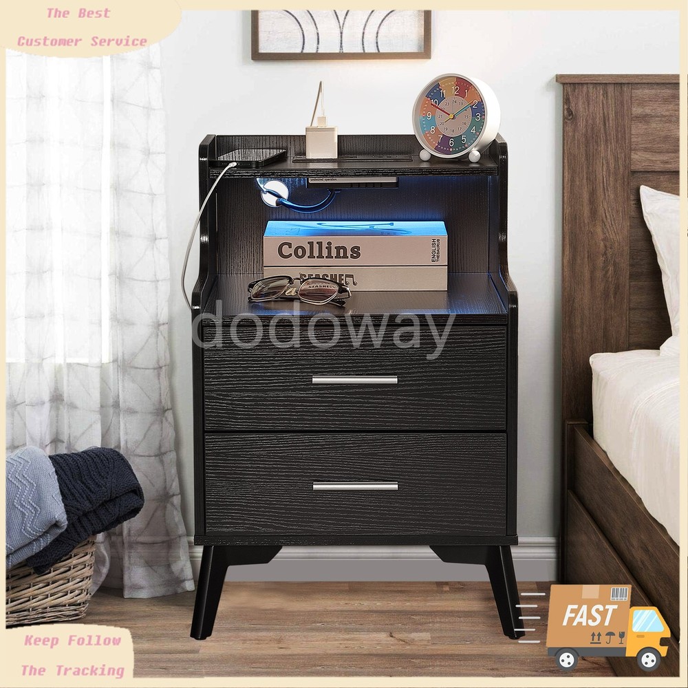 2 Set Black Bedside Table Nightstand End Side Table With USB Charging Station