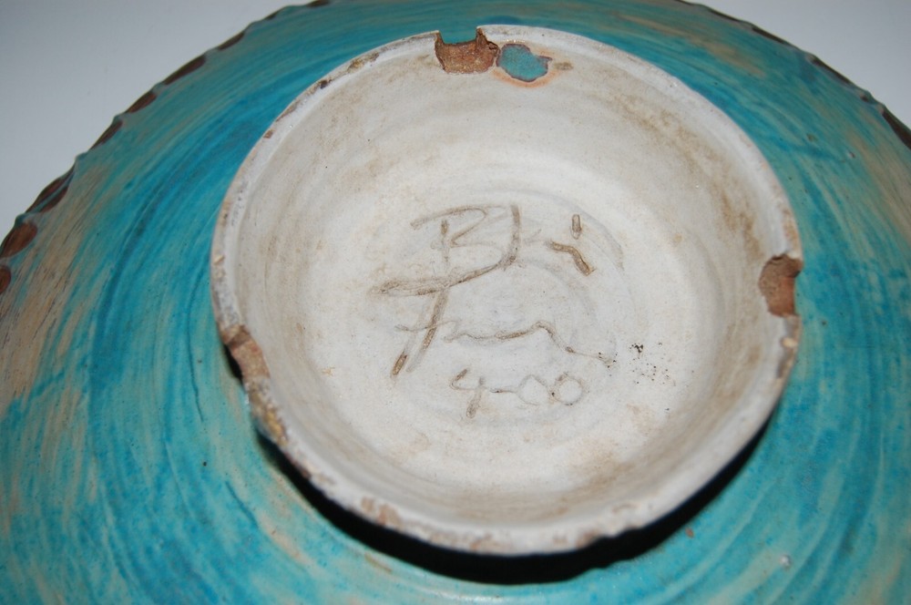 Antique Handmade Ceramic Pottery Blue Art Signed