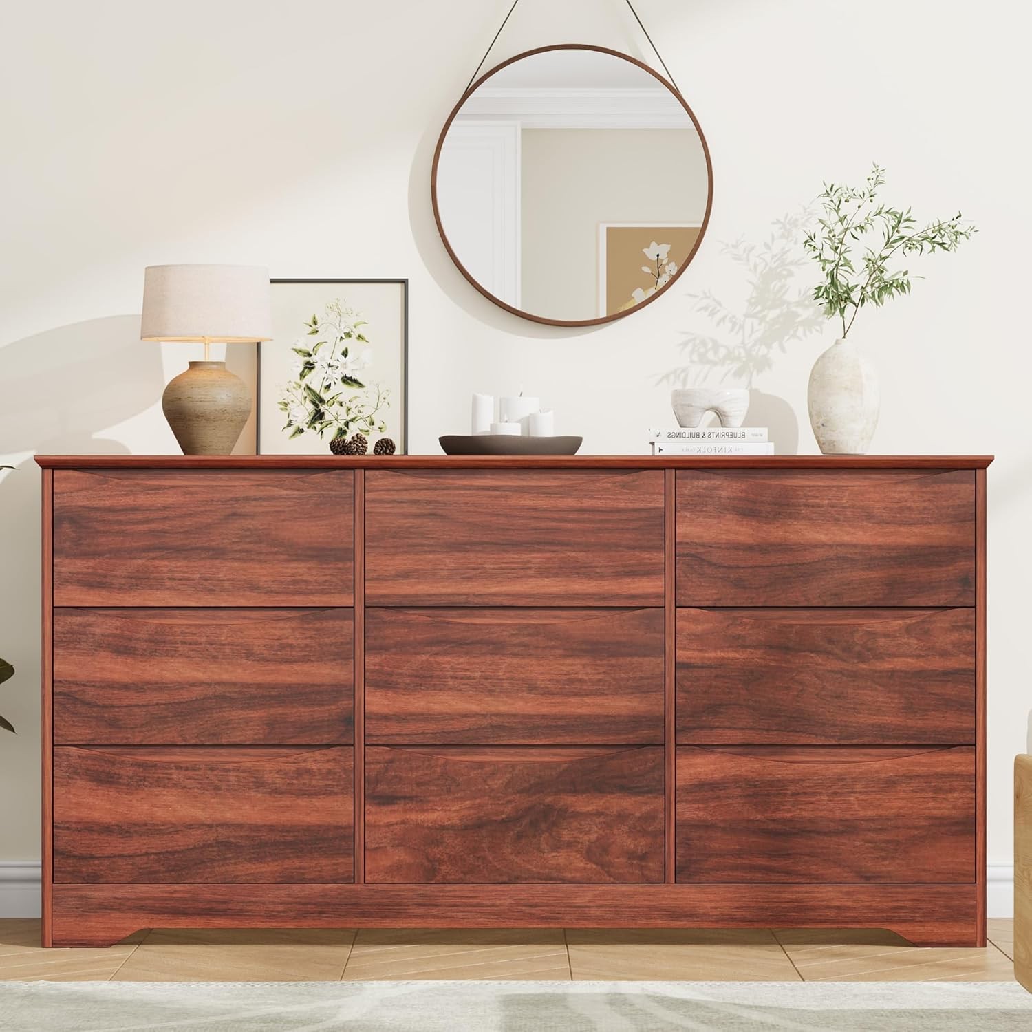 Wooden 9 Dresser for Bedroom, Long Storage Dresser Modern Closet for Bedroom