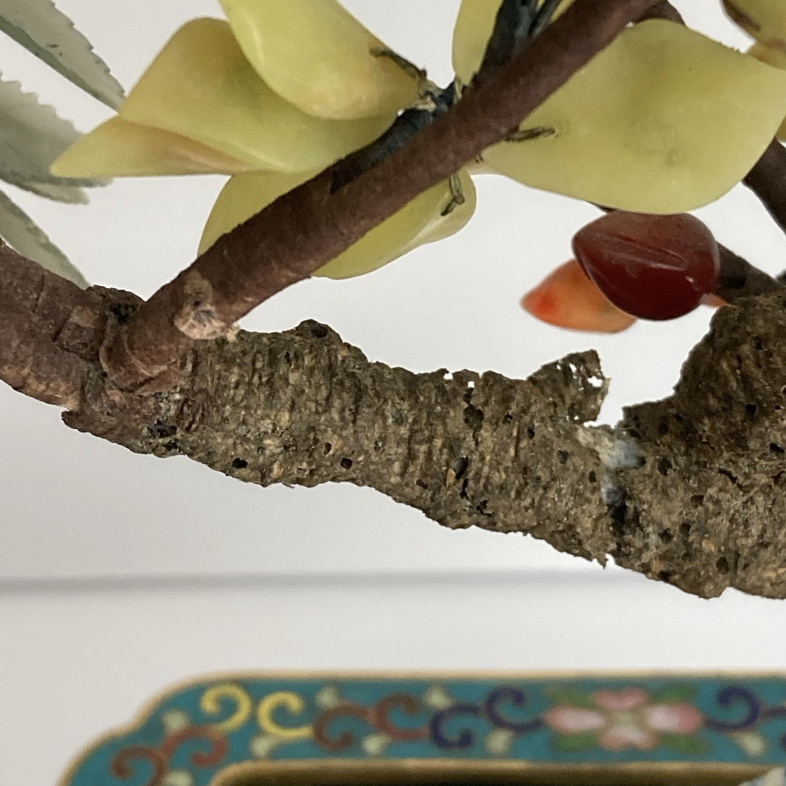 Pair Antique Chinese Jade Bonsai Tree in Cloisonne Pot w Amethyst Carnelian VTG