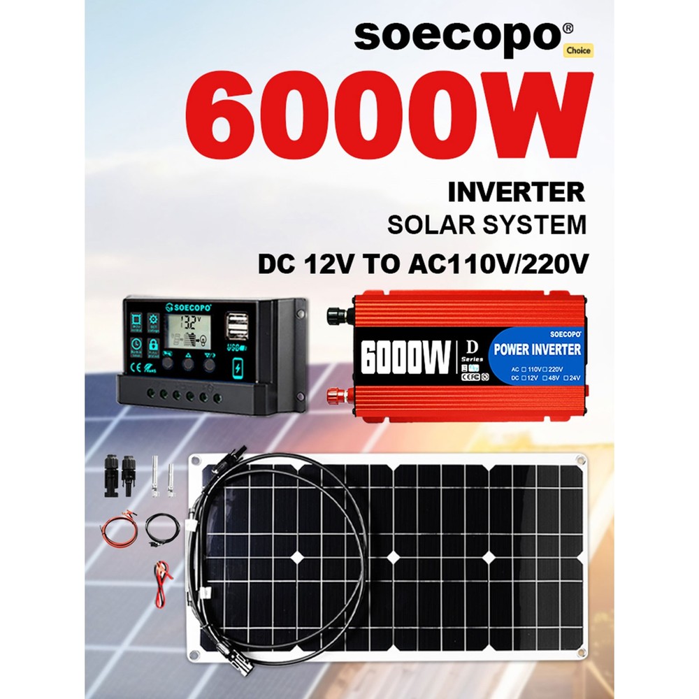 SOECOPO 6000W Solar System Kit Flexible Panel 100A Controller, 12V DC to 110V