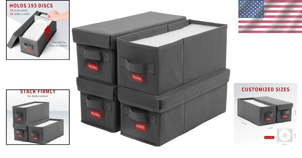 Sleek 4 Pack CD Storage Boxes - Stackable Organizer with Lid, 140 Jewel Cases