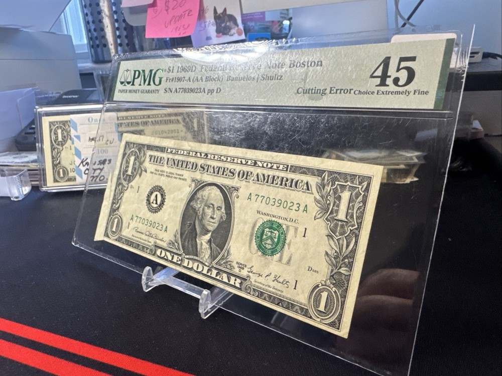 $1 Federal Reserve Bank Note - 1969D - Error Note - PMG 45 - Cutting Error