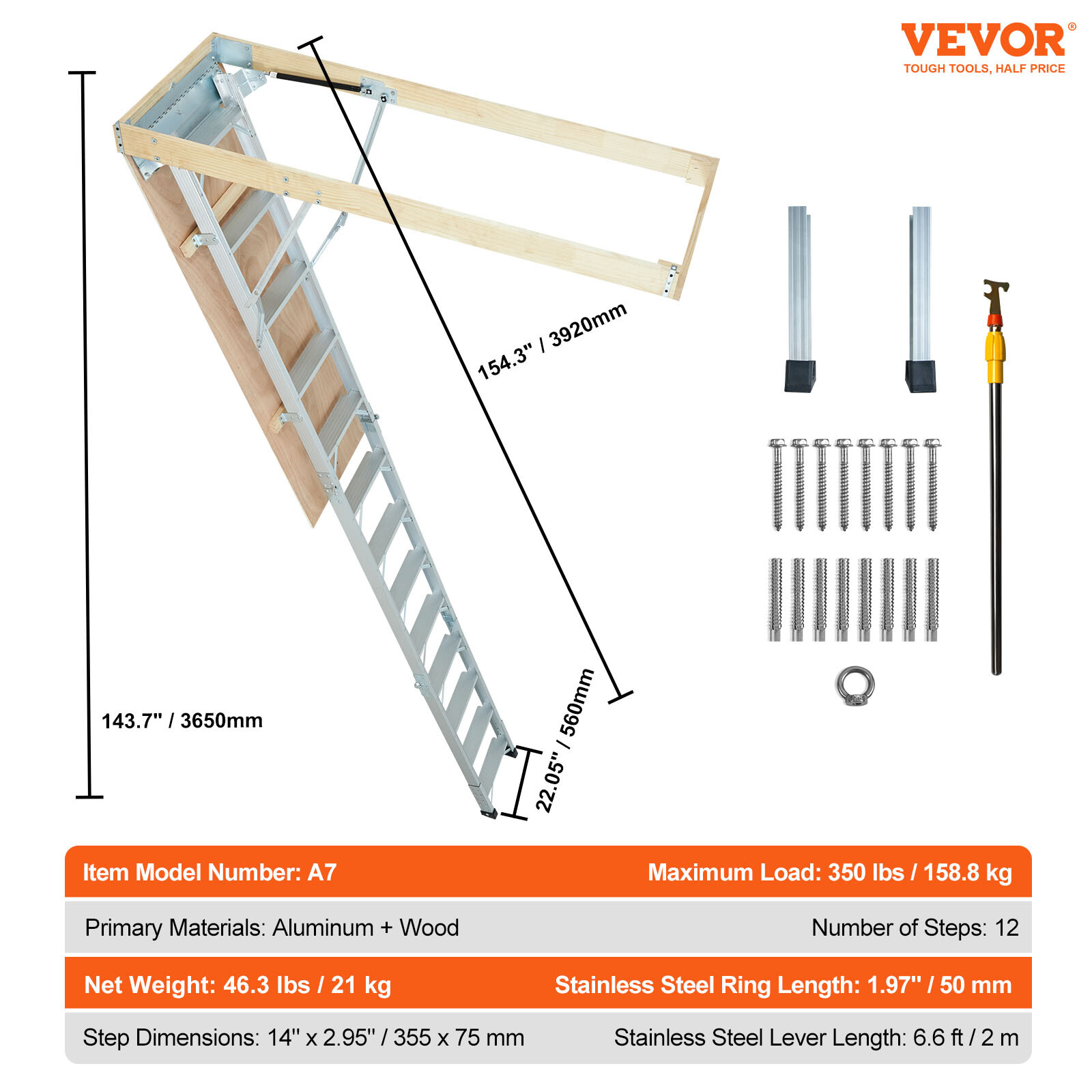 VEVOR Folding Attic Ladder Aluminum Adjustable Portable Loft Stairs Ceiling