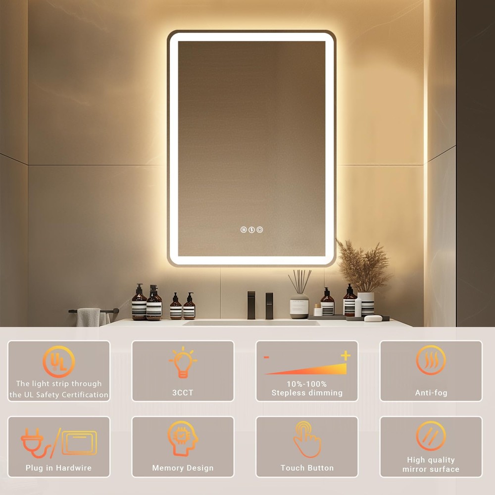 28x 20 LED Bathroom Mirror with Stepless Dimmable, Backlight Wall Mirrors wit...