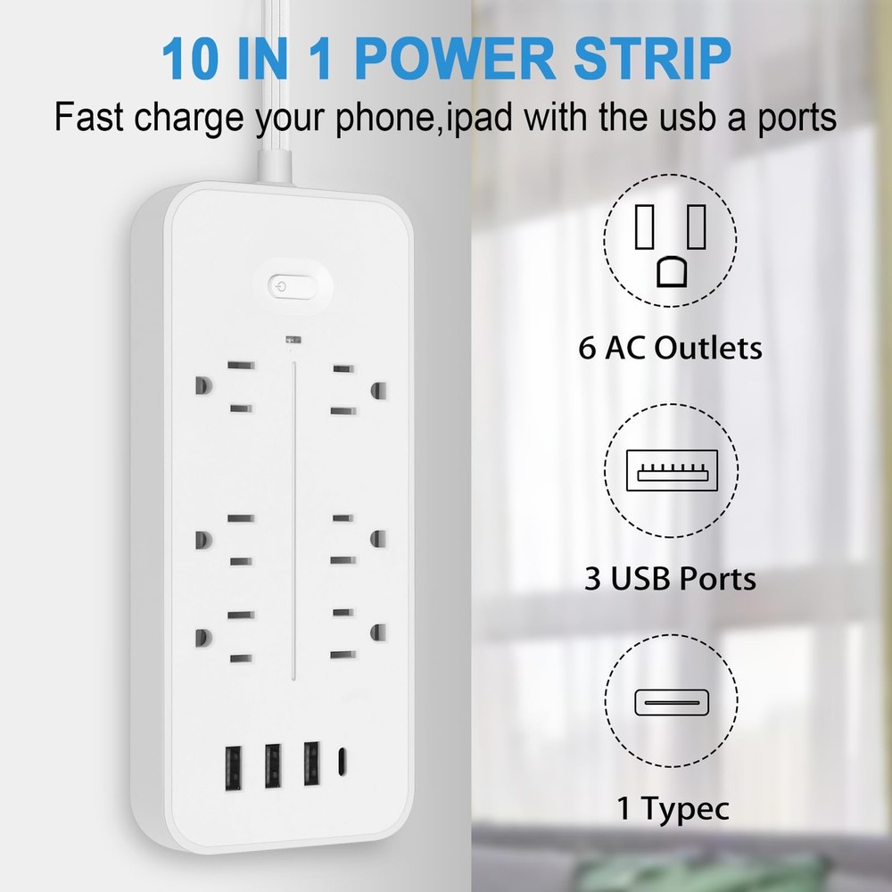 Power Bars Surge Protector 6 Outlets 4 USB Flat Plug Extension Cord Wall Mount