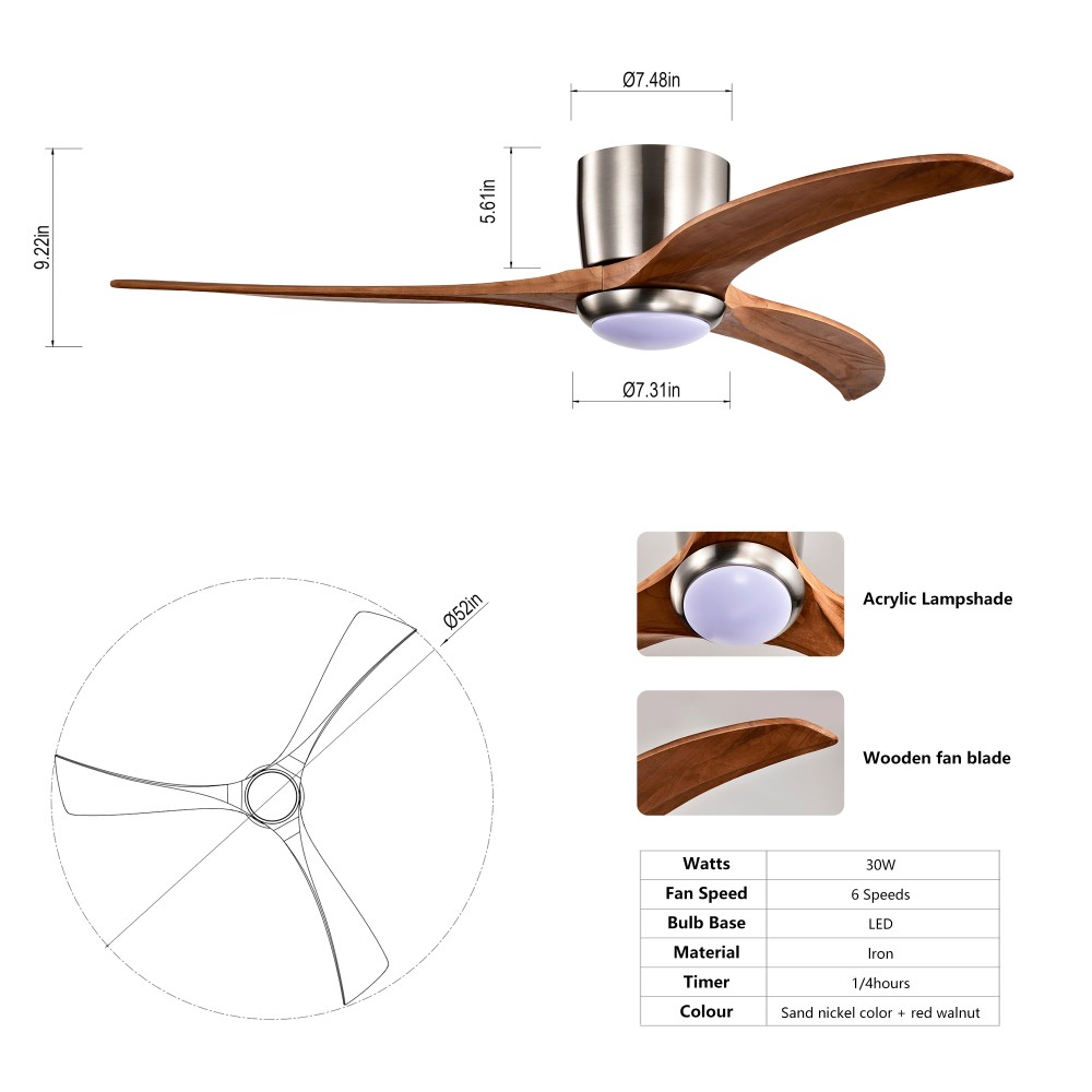 52” Flush Mount Ceiling Fan with Light & Remote, DC Motor, 6 Speeds