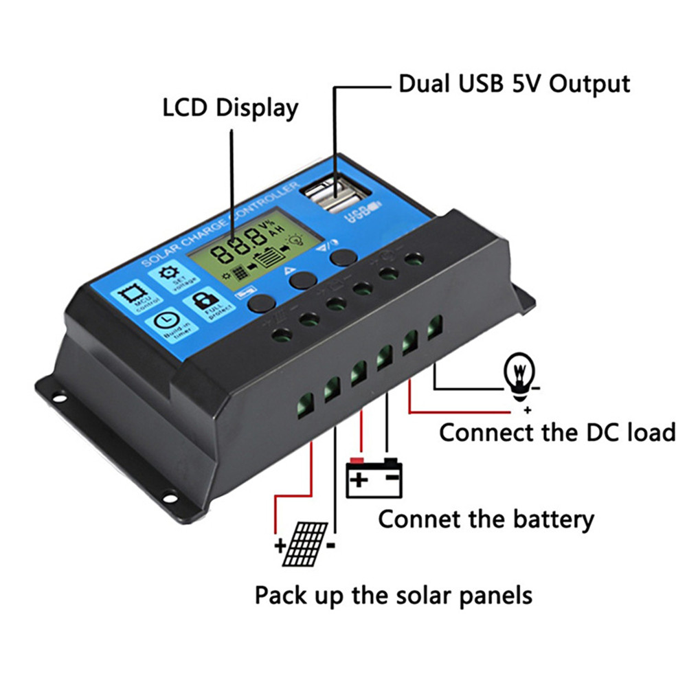 30A Solar Panel Battery Regulator 12V 24V PWM Controller Dual USB LCD