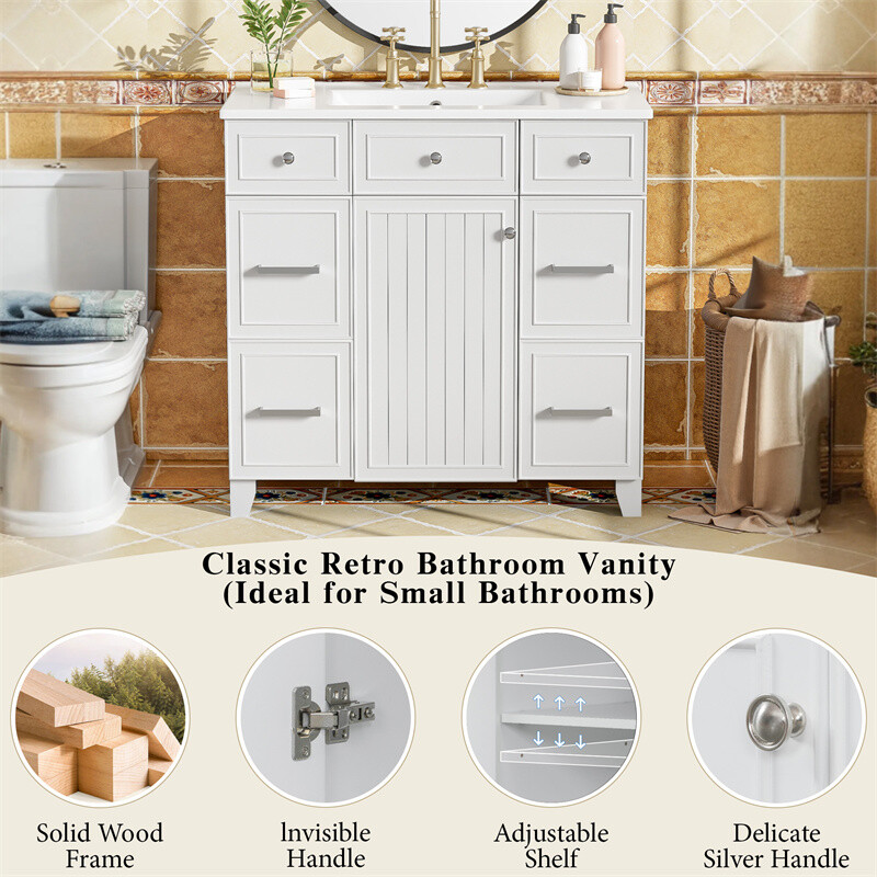 36" White Bathroom Vanity Set,Solid Wood Frame w/Ceramic Sink &Versatile Storage