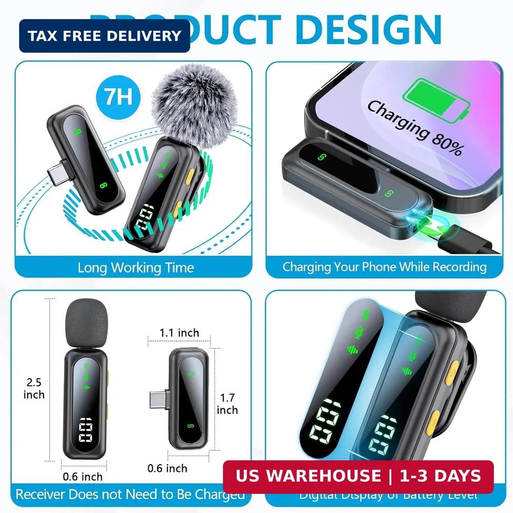 Mini Microphone for iPhone 15 16/iOS/Android Devices, LED Display Wireless Micro