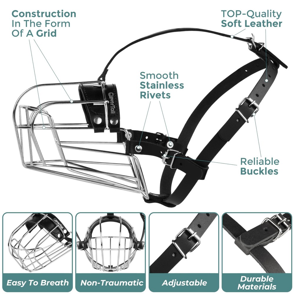 CleverTail Metal Husky Muzzle for Large Large, Silver Wire & Black Straps