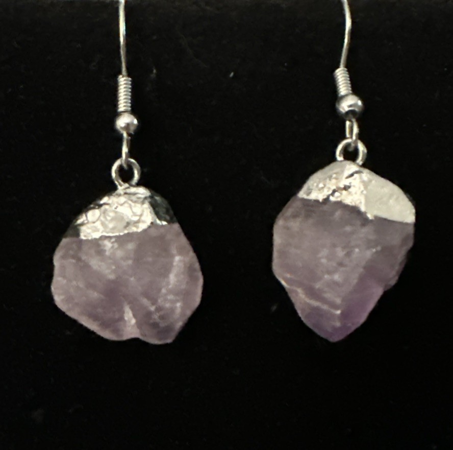 Raw AMETHYST Gemstone Crystal Dangle Silver Tone Hook Earrings