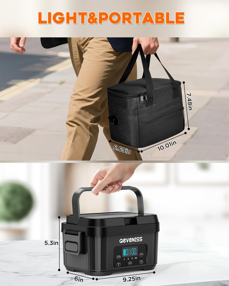 Portable Cordless Electric Lunch Box with Timer & Leakproof 1.1L Container