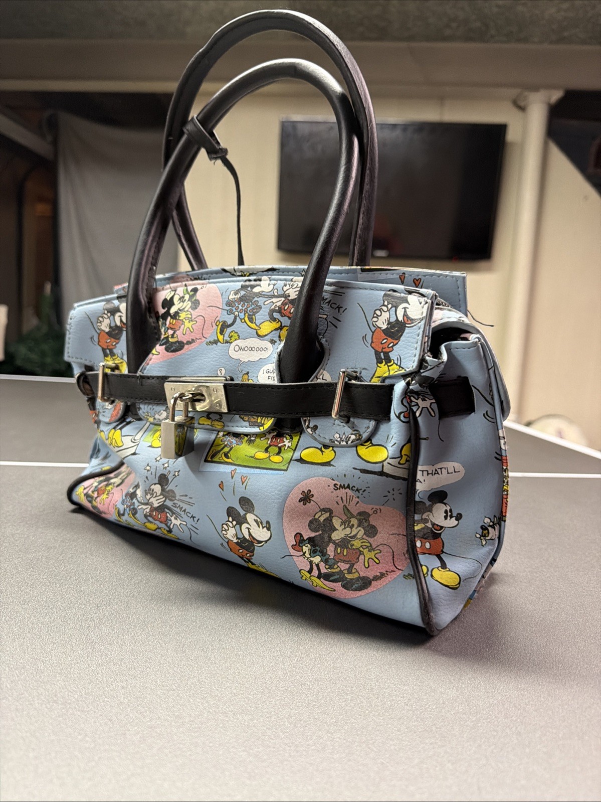 Disney Minnie & Mickey Mouse Purse Lock & Key Satchel Handbag Cartoon Comic Blue