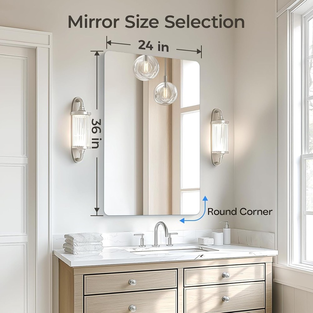 USHOWER 24x36" Frameless Bathroom Mirror Rectangle Wall Vanity Mirror Tempered