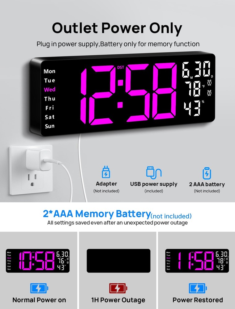 17.3" Large Digital Wall Mount Clock, Digital Clock with Remote Control, Alar...