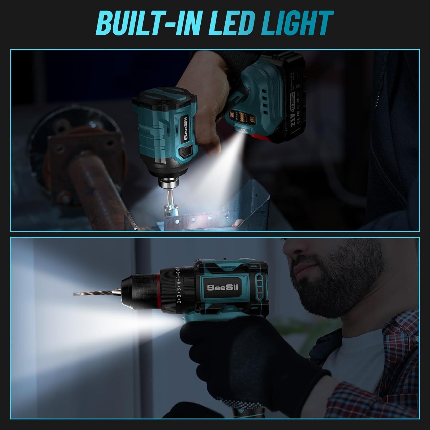 Seesii Brushless Cordless Drill & Impact Driver Power Tool Combo Kit 2xBattery