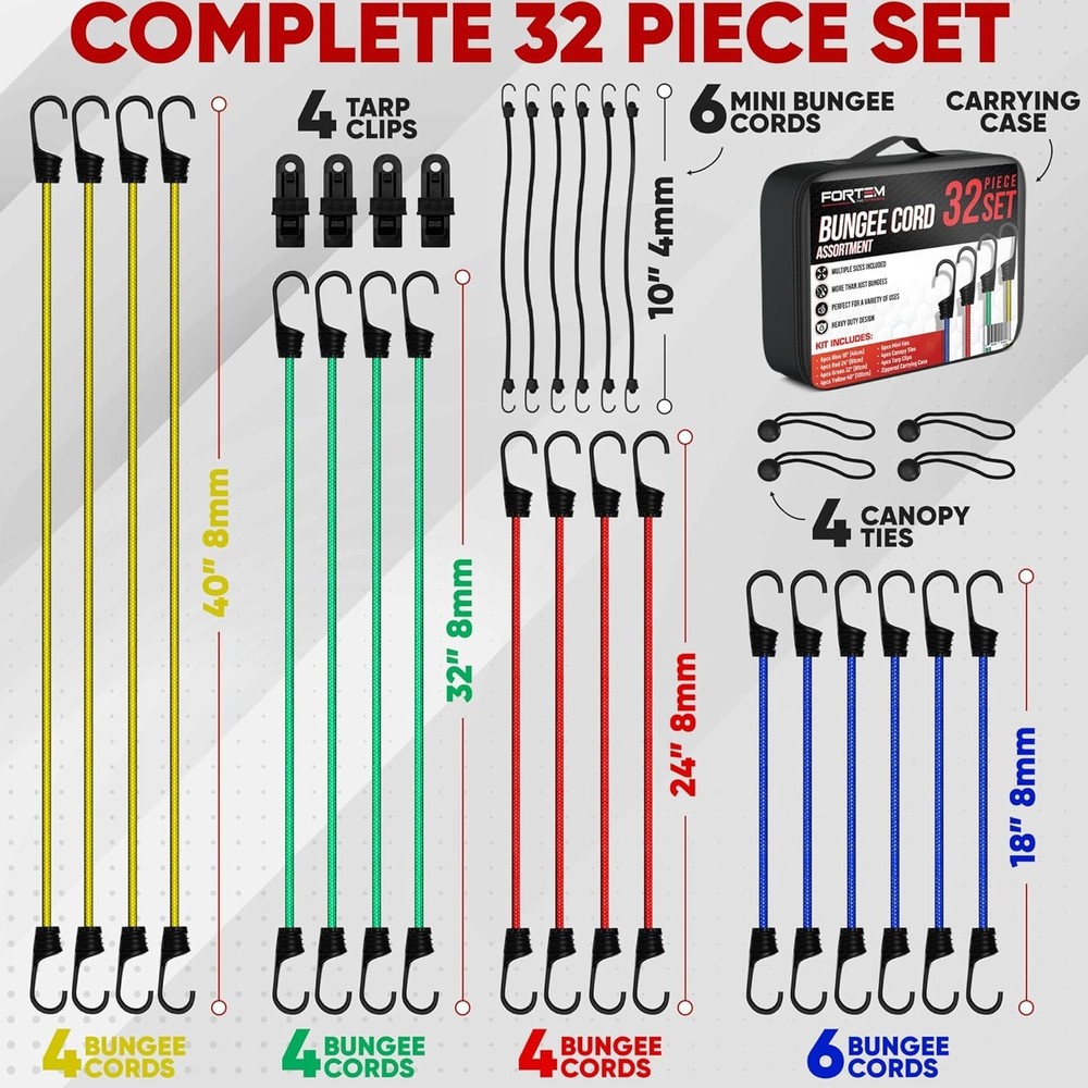 Complete Bungee Cord Set: 32-Pack with Heavy-Duty Hooks & Easy Storage Solution