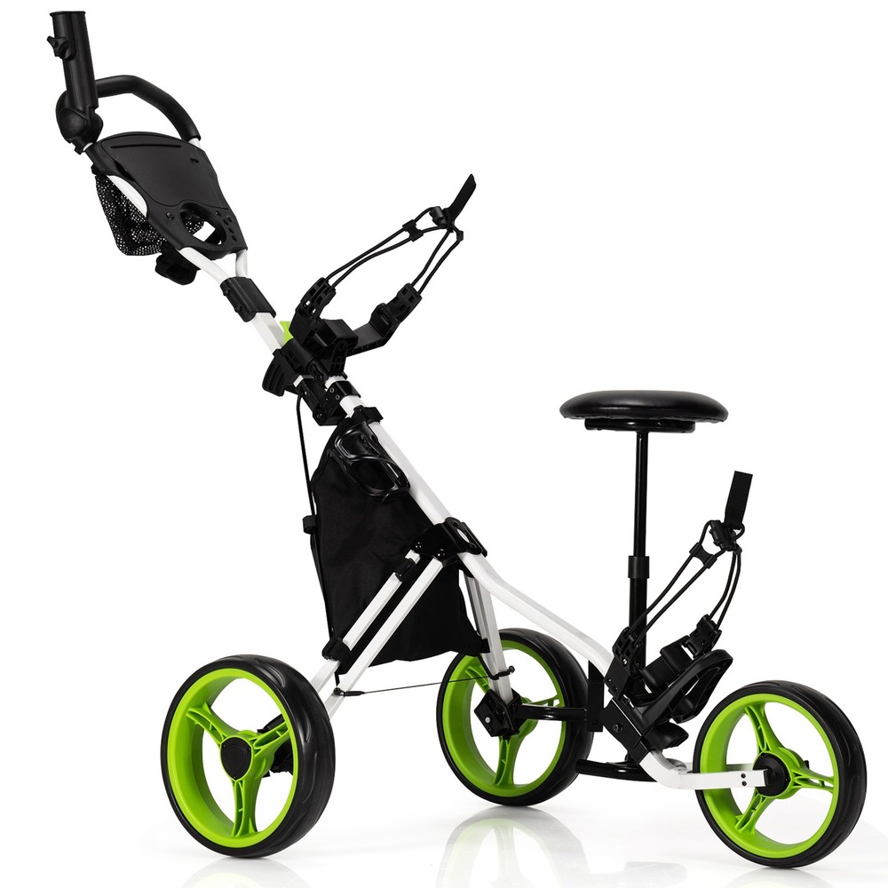 3-Wheel Foldable Golf Push Pull Cart Trolley w/ Seat Adjustable Handle Green