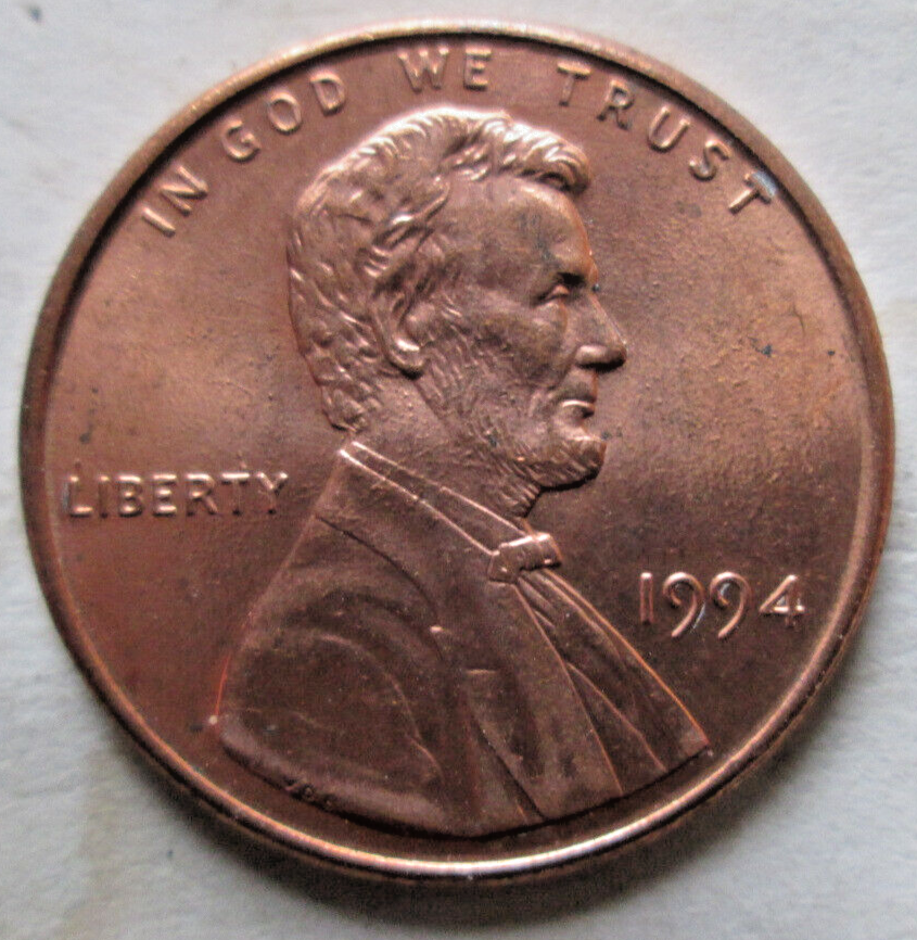 1994-P MEMORIAL CENT, REVERSE DIE CRACK ERROR, RED COLOR, MS+++, CIRCULATED