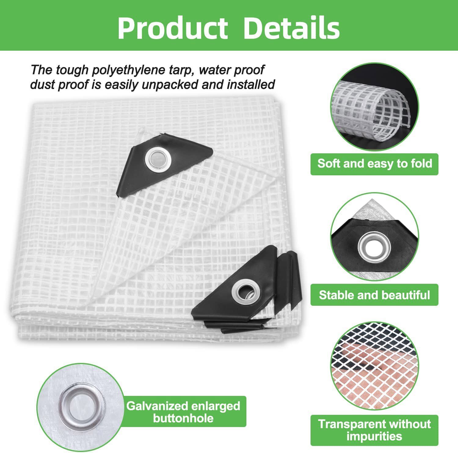 Premium Poly Waterproof Clear Tarp 16 Mil Heavy Duty Canopy