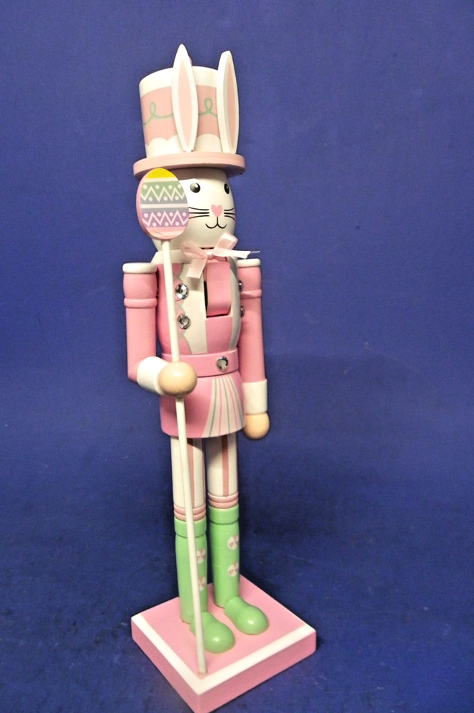 Easter Bunny Pink Wooden Nutcracker w/ Easter Egg Top Hat 14" Tall
