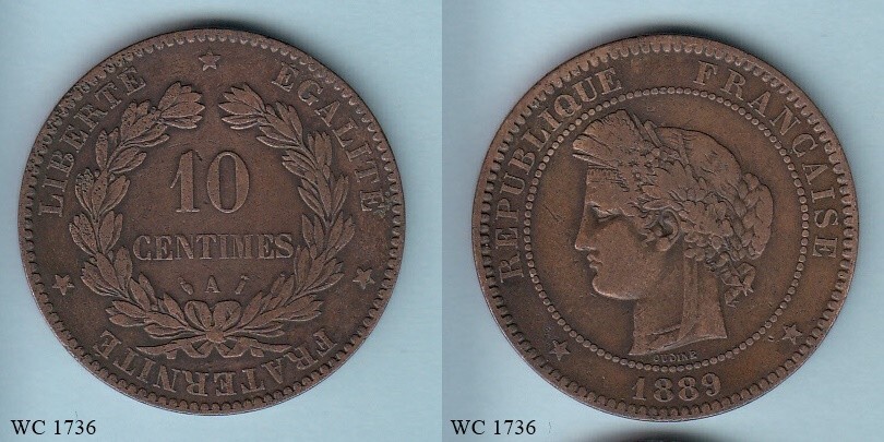 France 10 Centimes 1889 A Coin