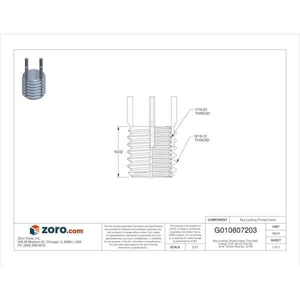 Key Locking Thread Insert, Thin Wall, 4 Keys, 7/16"-20 Int Thrd Sz, 9/16"-12