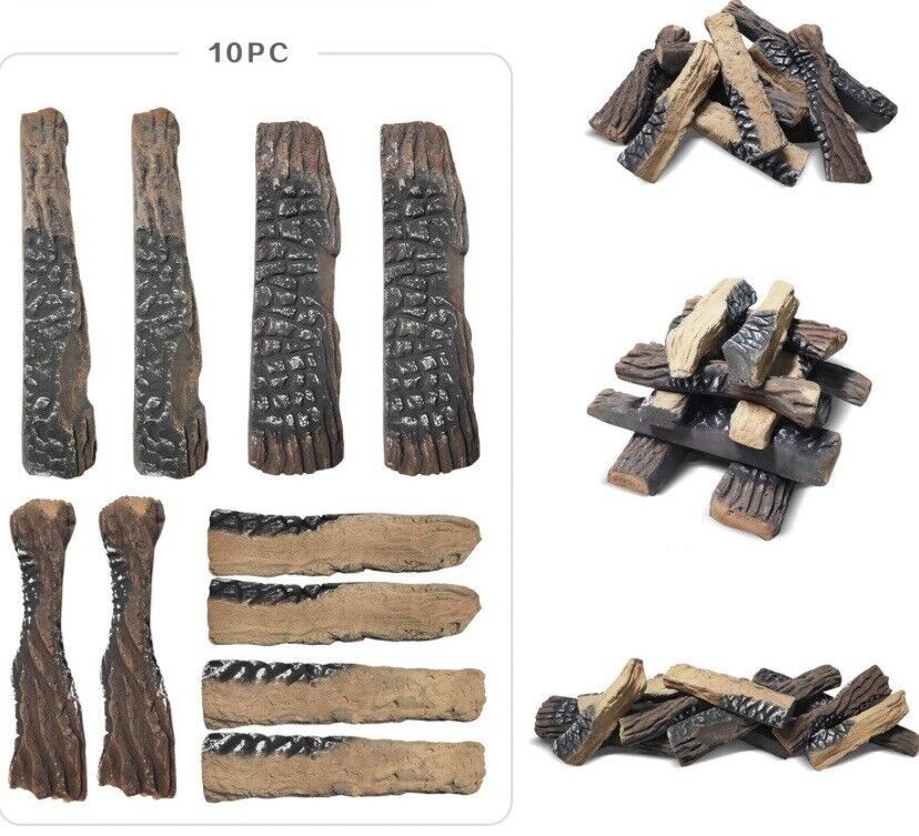 Natural Glo Large Gas Fireplace Logs 10 Piece Set of Ceramic Wood Logs