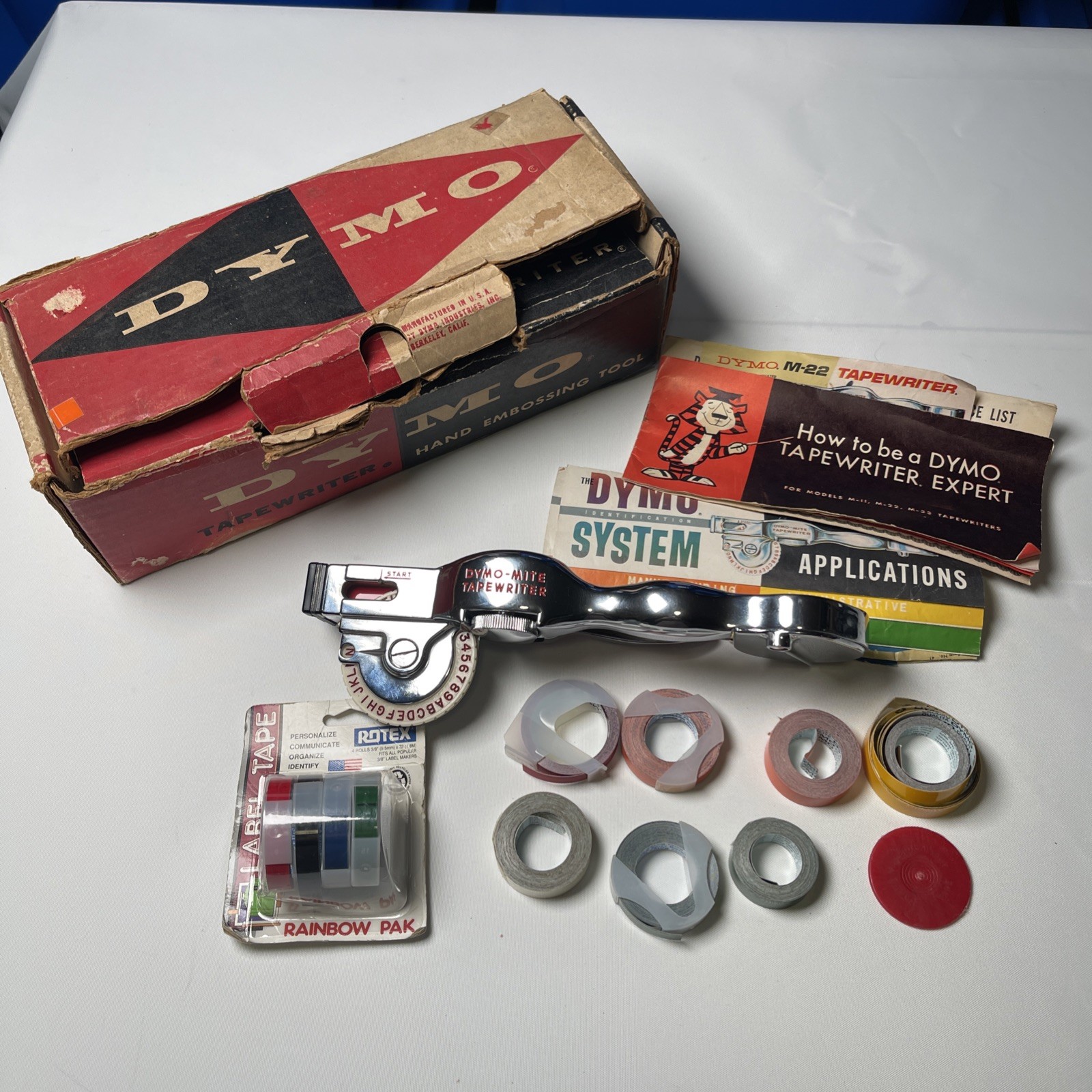 Vtg Early Metal DYMO M-22 TAPEWRITER Label Maker W Tape/Box/Papers