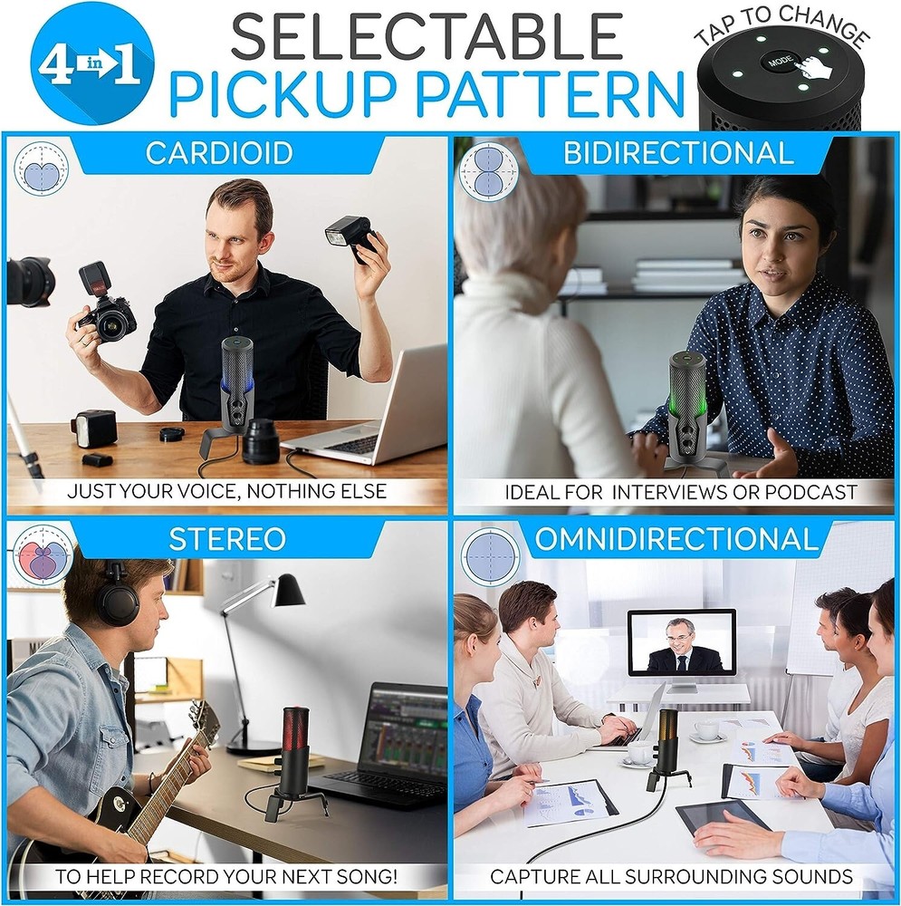 Pyle USB Computer Desktop Microphone 4 Polar Patterns & Pro Audio Recording Mic