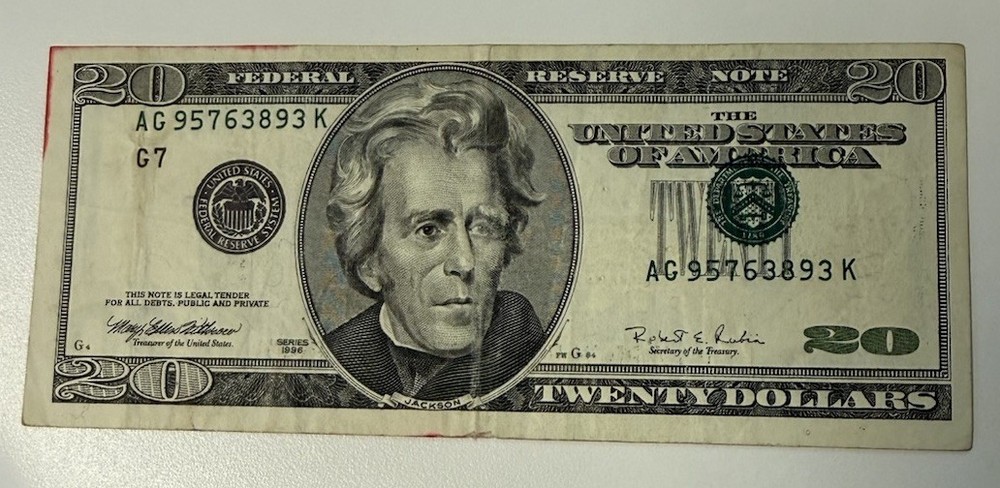 1996 $20 Error . Circulated Note . Offset Printing ,Seal And Serial Number.