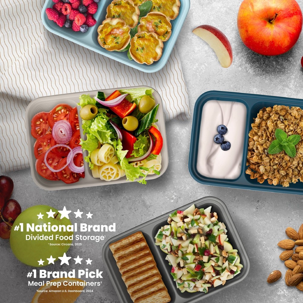 2 pack Prep 2-Compartment Snack Containers W/ Lids Reusable Microwaveable