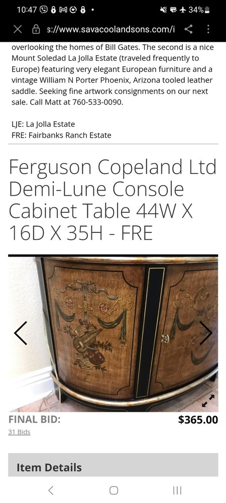 Ferguson Copeland Marble Top Demi Lune Server Sideboard Console Cabinet