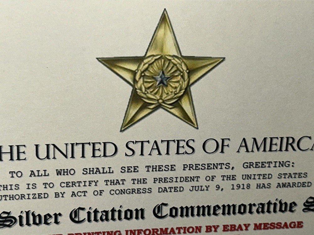 WW1 - SILVER CITATION COMMEMORATIVE CERTIFICATE ~ CUSTOM PRINTING T-1