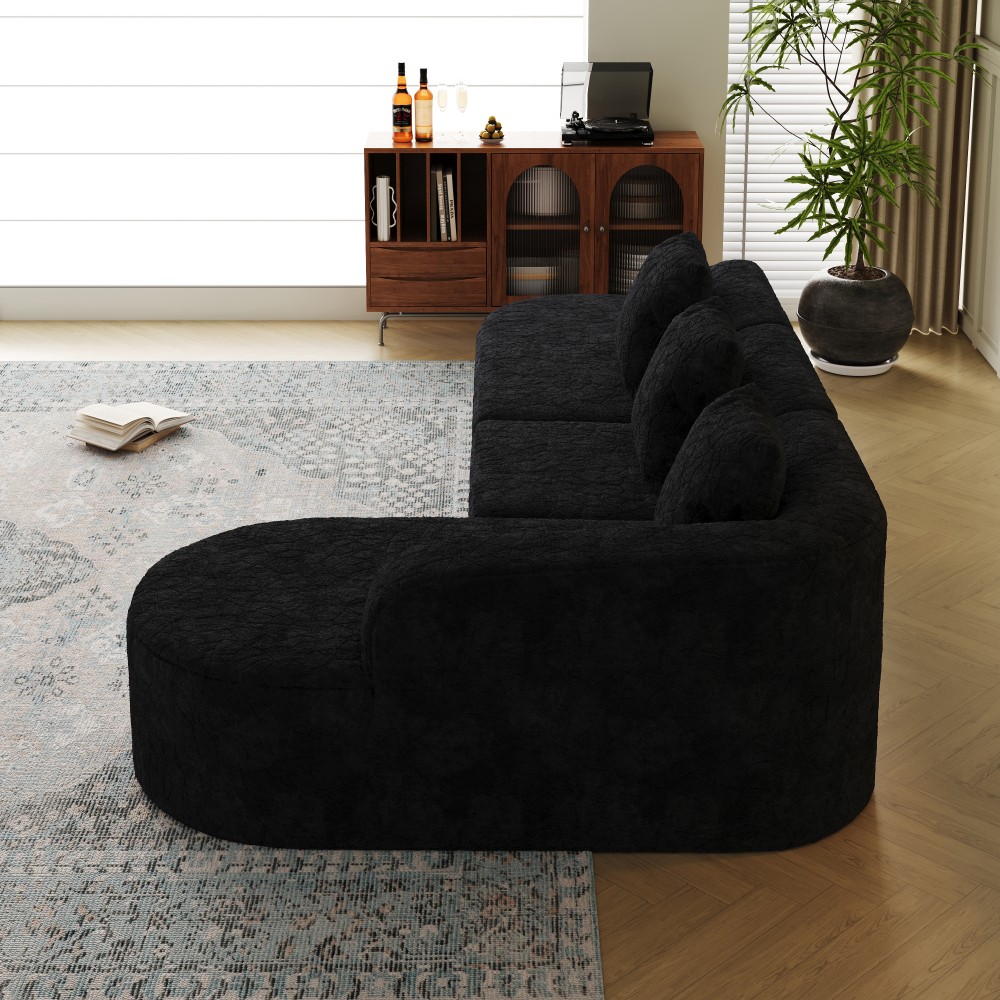 111.8'' Black L-shaped Curved Modular Sofa, Curved Backrest with Three Pillows