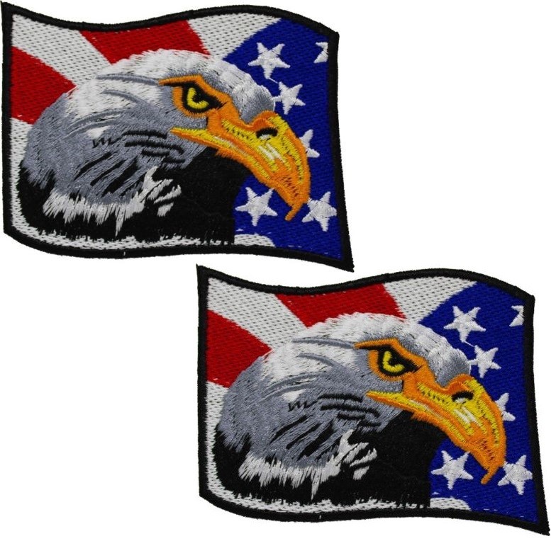 Biker Patch BALD EAGLE AMERICAN FLAG iron-on or SEW Pair SET