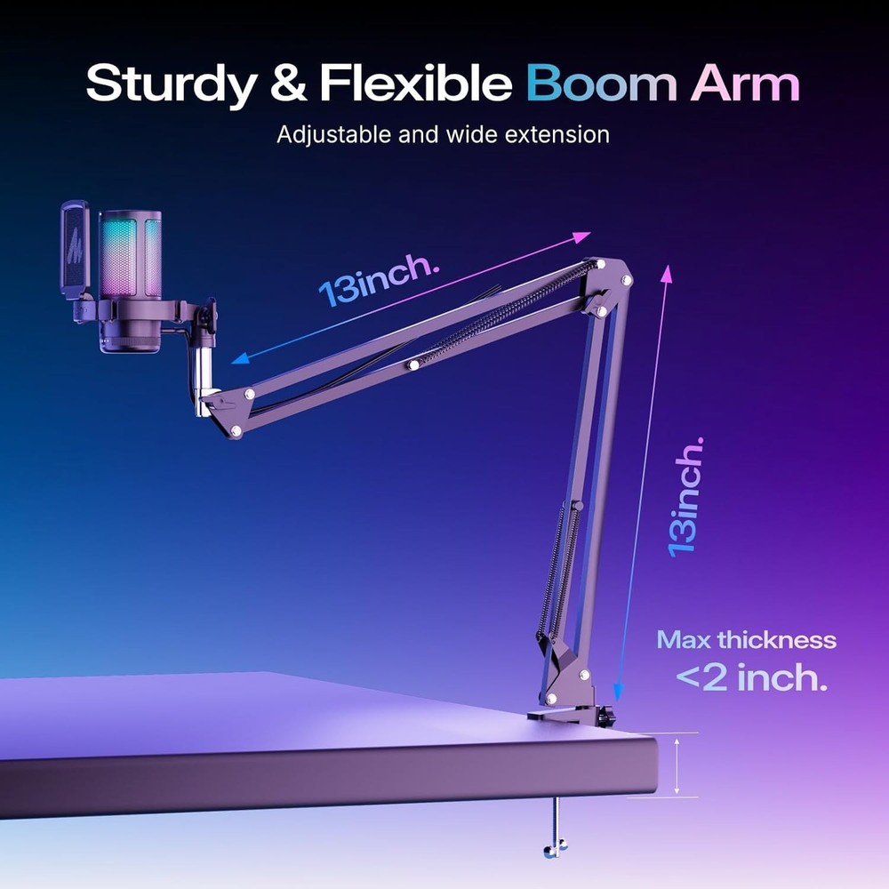 Dynamic USB Condenser Microphone with Adjustable Gain & Boom Stand for Streaming