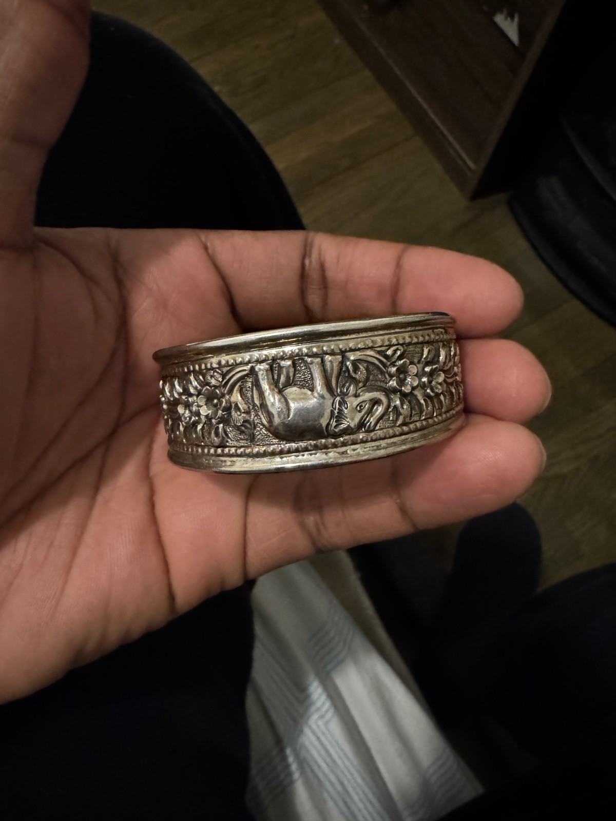 925 STERLING SILVER SIGNED ELEPHANT TRUNK UP BRACELET CUFF BANGLE JEWELRY